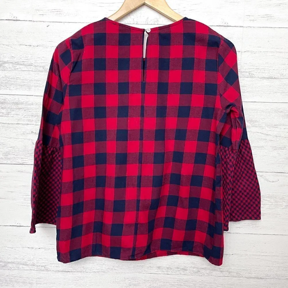 J. Crew Mercantile Women's Top Red & Navy Blue Plaid Flannel Bell Sleeves size 2